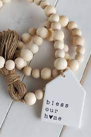 Bless Our Home Clay Home Tag With Wood Bead Garland And Jute Twine Tassel Rustic Farmhouse Decor Wood Beads Diy Wooden Bead Garland Wood Beads