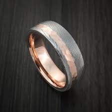 Damascus Steel Ring With 14k Rose Gold Hammered Inlay And Gold Sleeve Custom Made Band Damascus Steel Ring Steel Ring Mens Wedding Rings