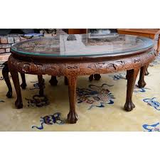 Our collection of antique and contemporary chinese tables, trunks, furniture. 20th Century Asian Mahogany Carved Coffee Tea Table And Stools 4 Pieces Tea Table Asian Coffee Table Oval Coffee Tables