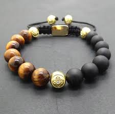 Men's brown simulated tiger's eye double beaded adjustable bracelet in black ip plated stainless steel, black. Gold Dorje Tiger S Eye Bracelet