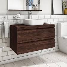 View The 900mm Wall Hung Vanity Unit Dark Oak Double Drawer Boston Range Finance Options Free Delivery Available S Vanity Units Wall Hung Vanity Vanity