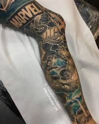 Black And Grey Realism Leg Sleeve Tattoo Marvel Vs Dc Leg Sleeve Tattoo Sleeve Tattoos Leg Sleeve Tattoo Geek Tattoo