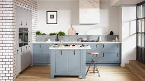 'i chose howdens chelford units in dove grey, with the island in navy as a contrast. Top Kitchen Trends For Autumn 2019 Open Shelves And Copper Splashbacks Bricks Mortar The Times