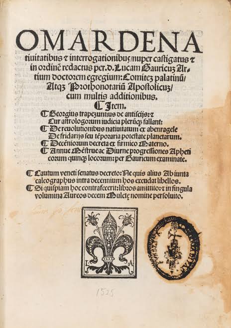 Gaurico, Luca - Omar de nativitatibus et interrogationibus nuper castigatus et inordinem redactus per Lucam Gauricuz 1525 | Books, Autographs & Prints | Finarte, casa d'aste