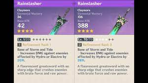 Prototype have 215.8 (cup+glad+razor), instead of 193.3 (cup+glad), so the actual damage is 4302 on basic attack, translate to the actual dps is 5737. Rainslasher Weapon Appearance Base Vs Ascended In Genshin Impact Youtube