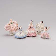 Antique dresden lace volkstedt porcelain figurine indoor setting. A Set Of Five Dresden Porcelain Figurines In Lace Dresses Mid 20th Century Bukowskis