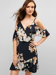Floral Ruffle Cold Shoulder Dress Blue Spon Cold Ruffle Floral Blue Dress Ad With Images Cold Shoulder Dress Chiffon Mini Dress Winter Mini Dresses