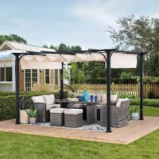 Sunjoy Lydia 10 Ft X 8 Ft Black Steel Classic Pergola With Adjustable Beige Shade A106005600 The Home Depot In 2020 Steel Pergola Pergola Canopy Pergola