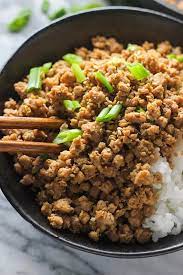 Ginger Minced Pork Rice Bowl Spice The Plate Recipe Ground Pork Recipes Pork Mince Recipes Minced Meat Recipe