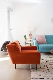 The Persimmon Orange Matrix Against My Blue Sofa Feels Very Retro Photo By M Mid Century Modern Lounge Chairs Living Room Decor Inspiration Blue Sofa Chair