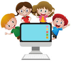 Cuatro niños felices detrás de la pantalla de la computadora ...