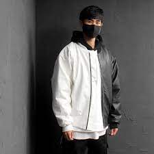 Half Black White Contrast Color Faux Leather Bomber Jacket 077 Faux Leather Bomber Jacket Jackets Bomber Jacket