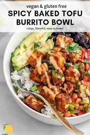 Vegan Crispy Baked Tofu Burrito Bowl Eat With Clarity Recipe Recipes Vegan Eating Vegan Dinners