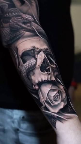 Traditional Rose And Skull Tattoo