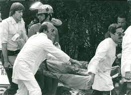 Ronnie Peterson is taken to the hospital after the crash at Autodromo