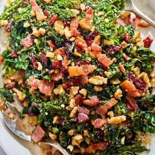 Healthy Sauteed Kale Salad With Bacon Walnuts And Cranberries Christmas Salad Recipes Salad Recipes With Bacon Healthy Fruit Salad