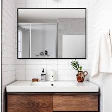 This bathroom mirror with shelf has a solid construction and a clean white finish to blend. Neu Type Medium Rectangle Black Hooks Modern Mirror 31 5 In H X 24 In W Jj00379aafn 1 The Home Depot Simple Bathroom Bathroom Vanity Mirror Large Bathrooms