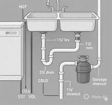 Double kitchen sink plumbing setup with garbage disposal