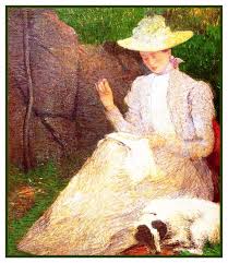 stitching in garden with dog by j alden weir counted cross