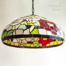 Vintage German Vintage Huge Colourful Tiffany Style Stained Glass Light With Chains Honsel Leuchten By Stained Glass Light Pendant Light Fitting Glass Lighting
