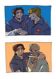 curly (mouthwashing), jimmy (mouthwashing), mouthwashing, absurdres,  highres, ^ ^, beard stubble, blonde hair, blue background, blue jumpsuit,  brown eyes, brown hair, closed eyes, disfigured, eye contact, facial hair,  fist bump, grin, hand