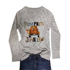 Browse for classic band tees and quirky prints in a huge range of colors, cuts and materials to work with every look. Pumpkin Spice Junkie Letter Print Women T Shirt Cute Halloween Car Graphic Tshirts V Neck Long Sleeve Shirt Ladies Harajuku Tops Buy At The Price Of 13 37 In Aliexpress Com Imall Com