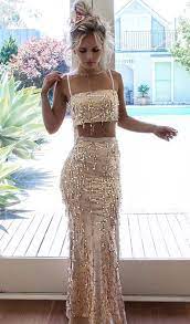 Two Piece Spaghetti Straps Floor Length Champagne Lace Prom Dress M0631 2 Piece Formal Dresses Prom Dress Stores Sparkly Prom Dresses