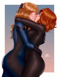 2dswirl, black widow, natasha romanoff, sue storm, avengers (series),  fantastic four, marvel, highres, 2girls, ass, black jumpsuit, blonde hair,  blue jumpsuit, curvy, grabbing another's hair, hands on another's  back, jumpsuit, kiss, mature