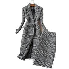 Black And White Plaid Blazer And Skirt Women S Tweed Plaid Two Piece Suit In 2020 Plaid Coat Suits For Women Wool Blend Jacket