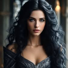 Princess Amber Deirdre, black hair, blue eyes, clothing colors black and …"  — image created in Shedevrum