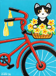 Original Cat Folk Art Painting Cat Bicycle With Flower Basket 6 X 8 Canvas By Jill Folk Art Cat Original Canvas Folk Art Painting