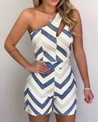 One Shoulder Chevron Stripes Romper Fashion Striped Rompers Fashion Romper