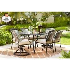 Hampton Bay Belcourt 7 Piece Metal Outdoor Dining Set With Cushionguard Oatmeal Cushions D11334g 7pc2 The Home Depot Outdoor Dining Set Outdoor Hampton Bay Patio Furniture