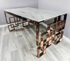 Moonland table stainless steel 12ga brush finish brass 260 tempered glass 3/8 designed by ana volante dimensions 45cm (h) x 120cm (w) x 150cm (d) 18 (h) x 48 (w) x 59 (d. Rose Gold Copper Marble Glass Dining Table Stainless Steel Legs All Home Living