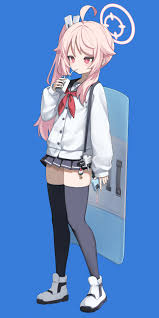 natsu (blue archive), blue archive, commentary request, highres, 1girl,  ahoge, blue background, breasts, cellphone, closed mouth, drinking, full  body, halo, phone, pink hair, red eyes, riot shield, school uniform,  shield, shoes, simple