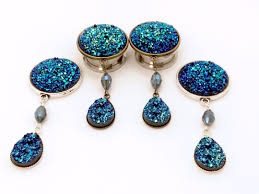 5/8” 11/16” 7/8" 1" 3/4" 13/16” Dangle Plugs Earrings Blue Glitter Druzy  Teardrops in Silver or Bronze Hanging Gauges
