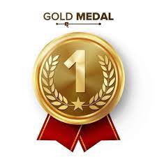Gold 1st Place Medal Vector Metal Realistic Badge With First Placement Achievement Round Label With Red Laurel Wreath Winner Honor Prize Competition Game Gold Lencana Ilustrasi Latar Belakang
