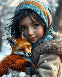 an adorable whimsical multi-tailed white-violet snow fox,