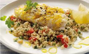With lemon yogurt over couscous. Baked Lemon Cod With Quinoa Tabbouleh Recipe