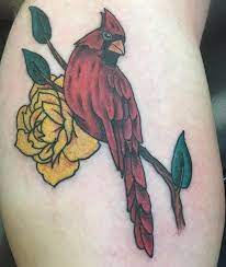 Yellow Rose And Cardinal In Memory Of My Grandmother Thanks To Jerry At Lucky 13 In Richmond Va Yellow Bird Tattoo Yellow Rose Tattoos Realistic Bird Tattoo
