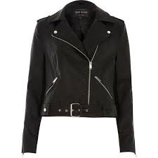 River Island Black Leather Look Belted Biker Jacket 105 Via Polyvore Featuring Ou Cropped Faux Leather Jacket Cropped Biker Jacket Faux Leather Biker Jacket