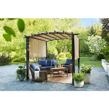 Black And Tan Green Bay Closing Hampton Bay 10 Ft X 10 Ft Steel And Aluminum Outdoor Patio Arched Pergola With Sliding Canopy Gfm00471a Pergola Patio Pergola Plans
