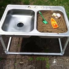 Sand And Water Table My Dad Made Out Of A Sink And Piping Sand Water Table Kids Outdoor Play Sand Table