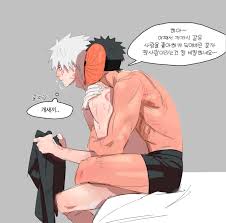 rhkrenvkfvkf, hatake kakashi, tobi (naruto), uchiha obito, naruto (series),  naruto shippuuden, highres, translation request, 2boys, aftersex, bed, bite  mark, black hair, black male underwear, colored skin, hickey, hug, indoors,  korean text, male