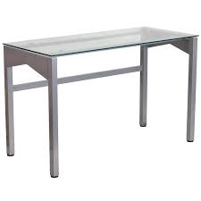 Glass top computer desk writing study workstation. Contemporary Clear Tempered Glass Desk With Geometric Sides And Silver Frame Overstock 10704511