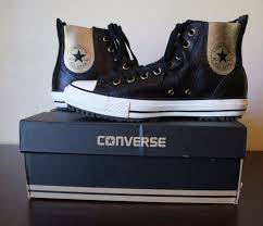 Black And Gold High Tops Converse All Star Chuck Taylor Chelsea Boot Hi Top Leather Black Gold Women S 10 Converse Fashionsneakers Converse Converse All Star Chuck Taylors
