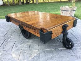 End wheels rotate to keep cart stationary; Linebery Factory Cart Railroad Cart Coffee Table Vintage Industrial Furniture Cart Coffee Table Vintage Industrial Decor