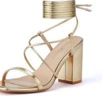 Amazon.com | GENSHUO Square Toe Sandals Women Lace up Chunky High Heels  Strappy Sandals Block Heeled Ankle Wrap Homecoming Wedding Dress Shoes Gold  ...