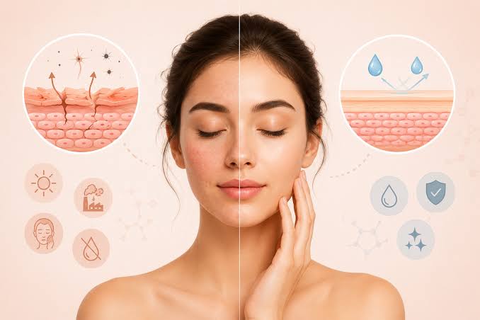 Gentle skincare products arranged for a daily skin barrier care routine