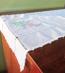 Hand Embroidered Small Table Runner Dresser Runner Cotton And Embroidery Thread Mid Century Vintage Small Tables Pink Blue Flowers Table Runners